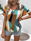 Printed V-Neck Short Sleeve Blouse - Trendsi - Flyclothing LLC