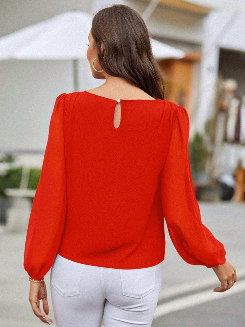 Round Neck Balloon Sleeve Blouse - Trendsi - Flyclothing LLC