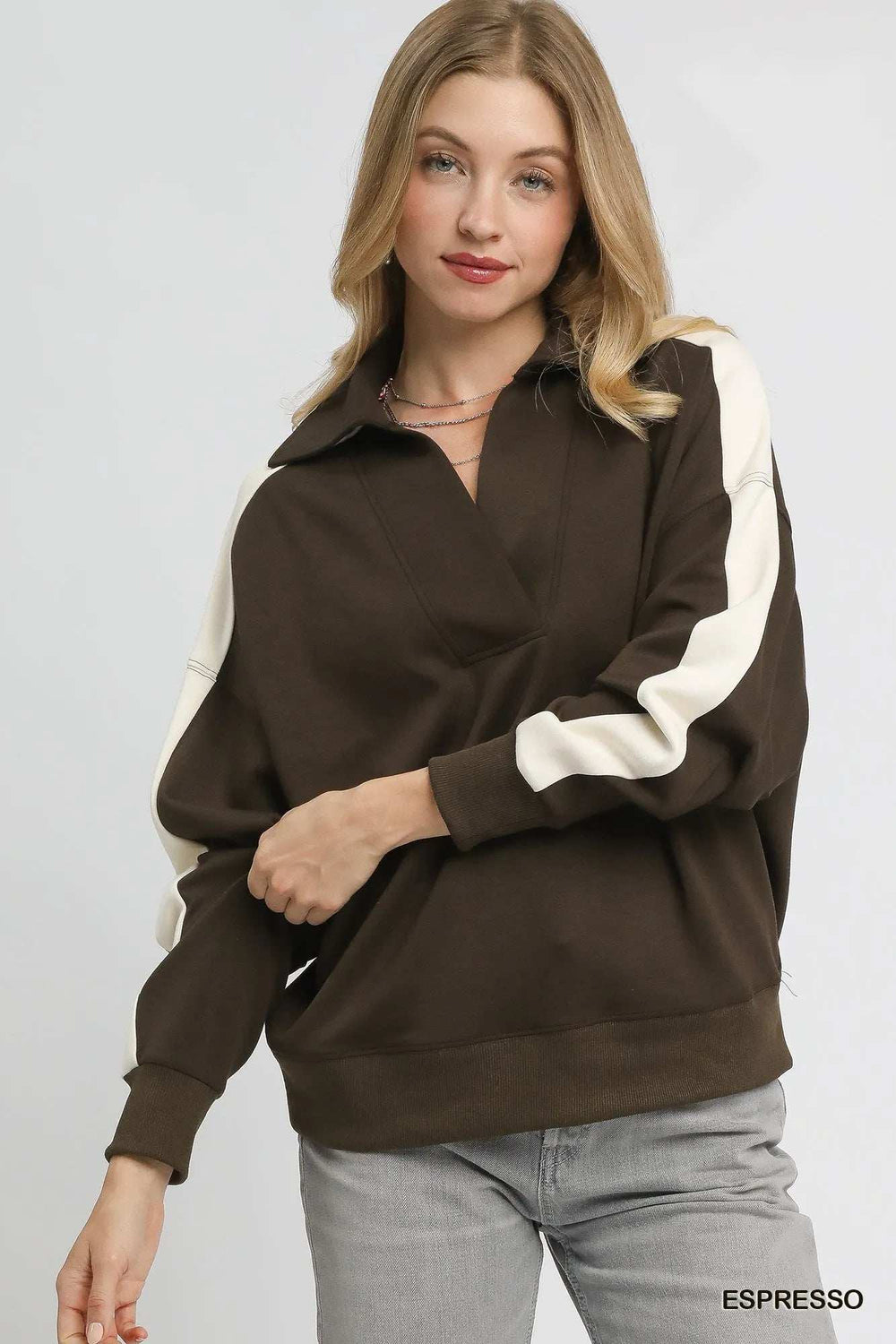 Umgee Color Block Polo Sweatshirt - Trendsi - Flyclothing LLC