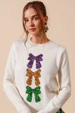 SO ME Mardi Gras Sequins Bow Ribbon Embellished Sweater - Trendsi - Flyclothing LLC