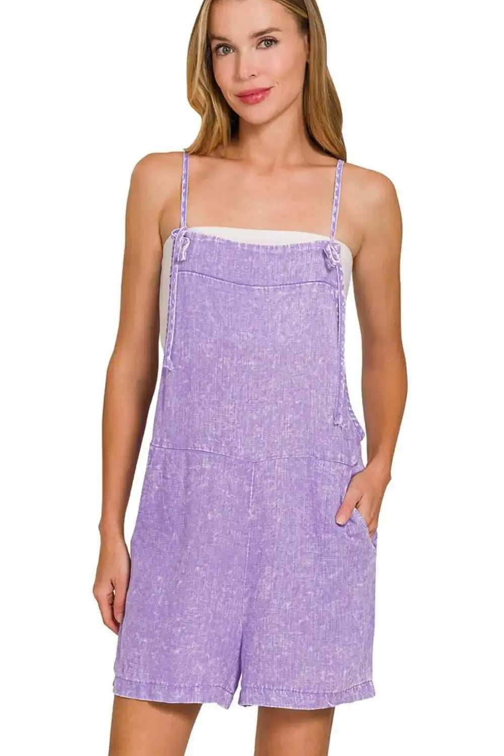 Zenana Washed Linen Knot Strap Rompers - Trendsi - Flyclothing LLC