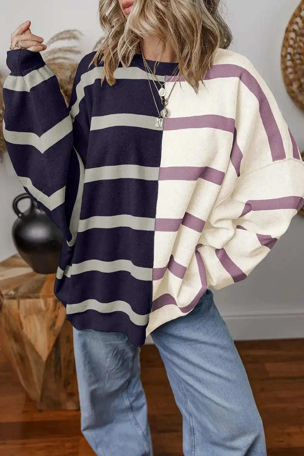 Striped Round Neck Long Sleeve Knit Top - Trendsi - Flyclothing LLC