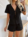 Devine Tied V-Neck Short Sleeve Top and Shorts Set - Trendsi - Flyclothing LLC