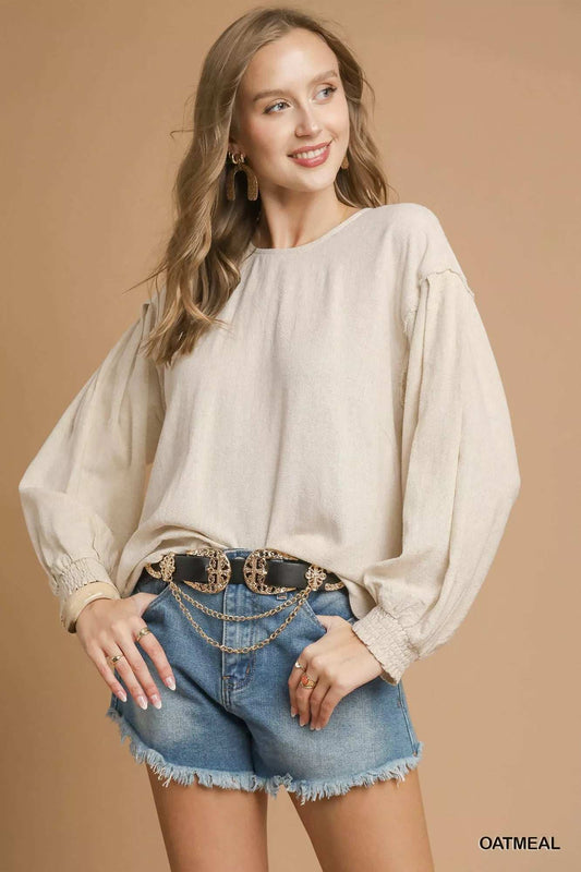 Umgee Linen Scallop Hem Long Sleeve Blouse - Trendsi - Flyclothing LLC