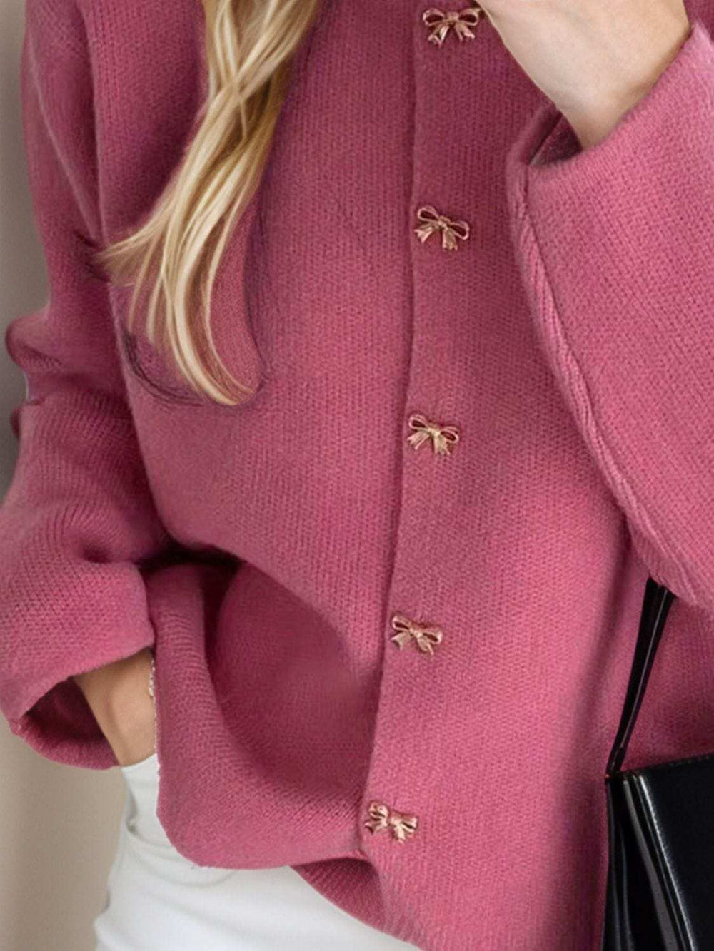 Bow Button Down Round Neck Long Sleeve Cardigan - Trendsi - Flyclothing LLC