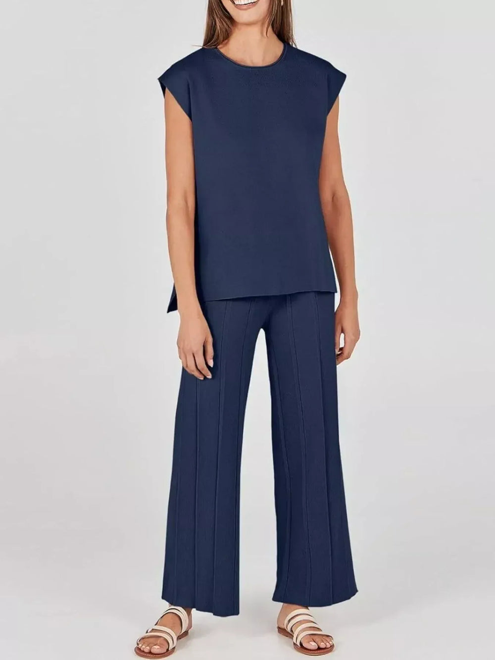 Casual Solid Color Cap Sleeve Top and Pants Knit Set - Trendsi - Flyclothing LLC