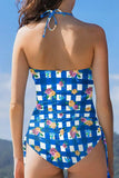 Floral Gingham Halter Neck Drawstring One Piece Swimwear - Trendsi - Flyclothing LLC