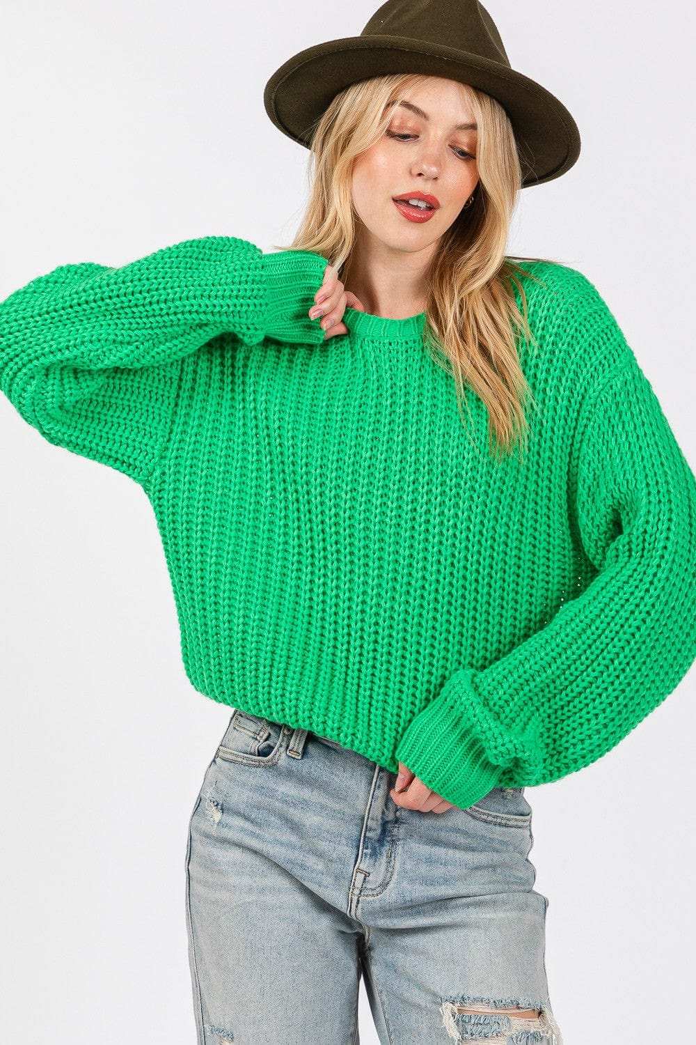 SAGE + FIG Round Neck Drop Shoulder Sweater - Trendsi - Flyclothing LLC