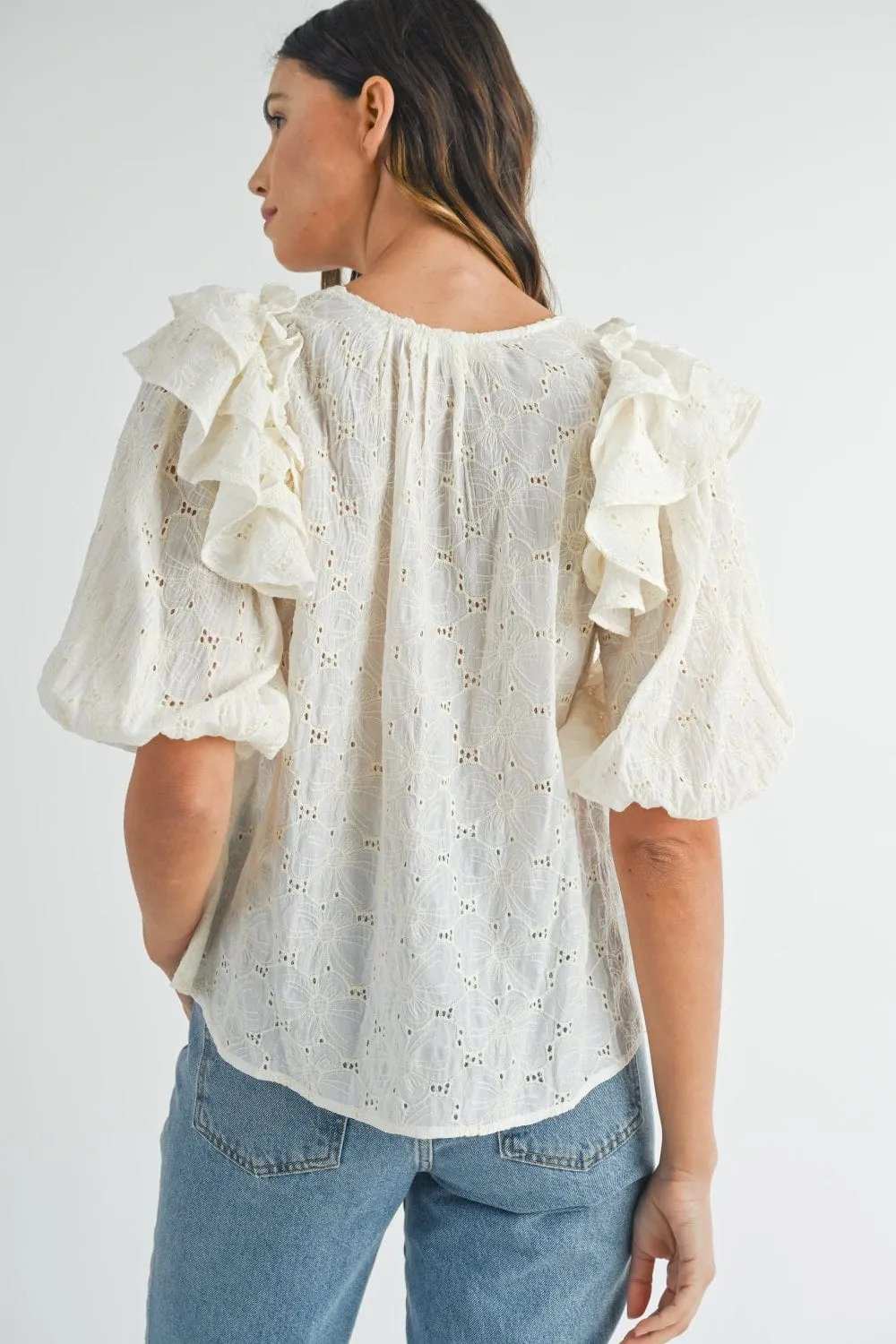 MABLE Eyelet Lace Ruffle Shoulder Puff Sleeve Blouse - Trendsi - Flyclothing LLC