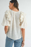 MABLE Eyelet Lace Ruffle Shoulder Puff Sleeve Blouse - Trendsi - Flyclothing LLC