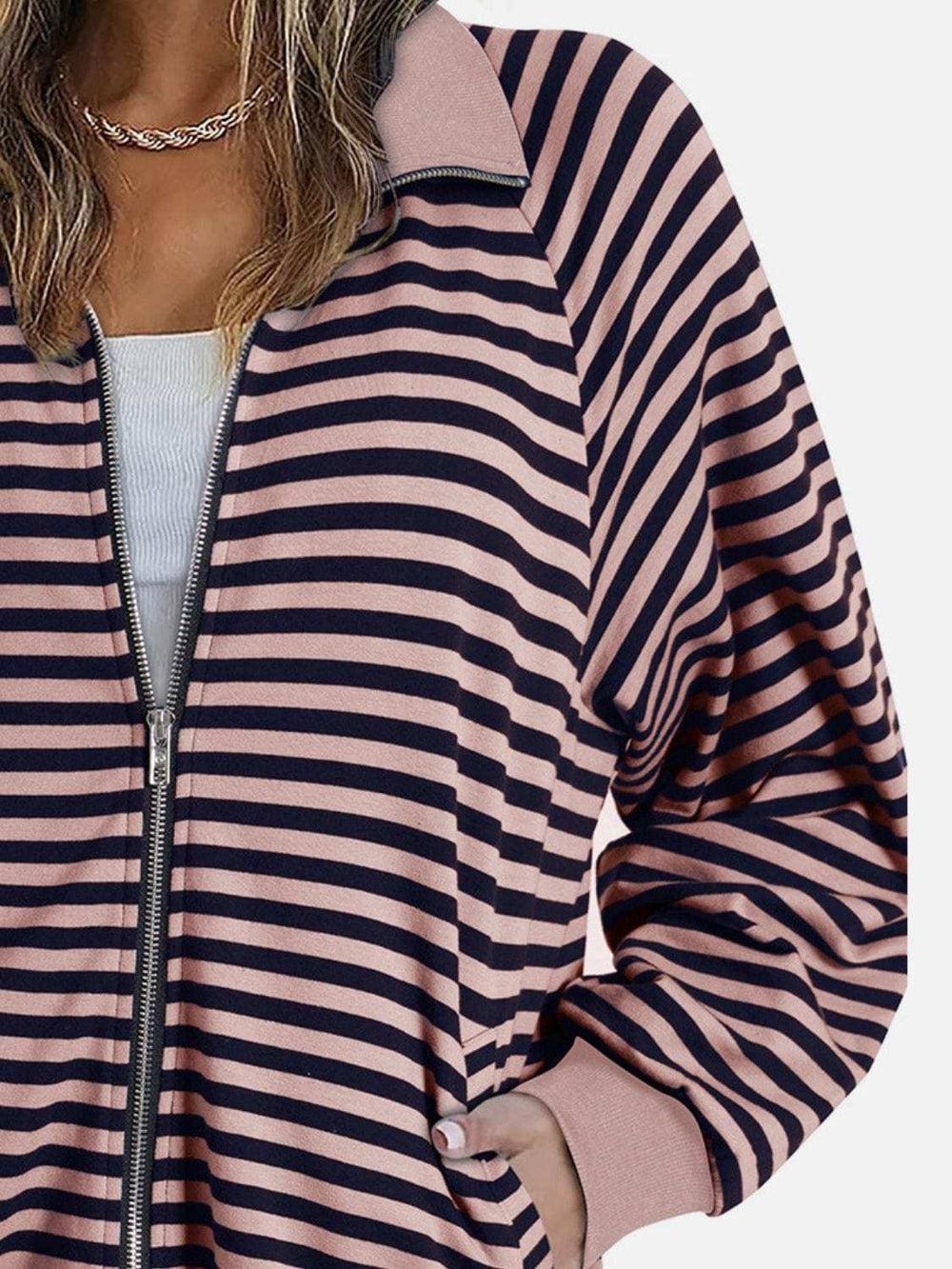 Striped Zip Up Long Sleeve Sweatshirt - Trendsi - Flyclothing LLC