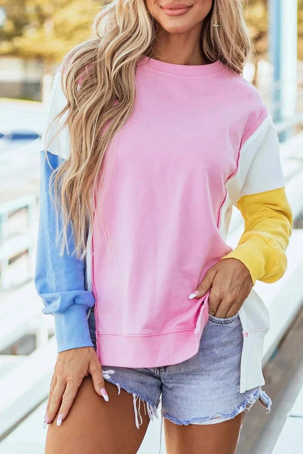 Slit Contrast Round Neck Long Sleeve Sweatshirt - Trendsi - Flyclothing LLC