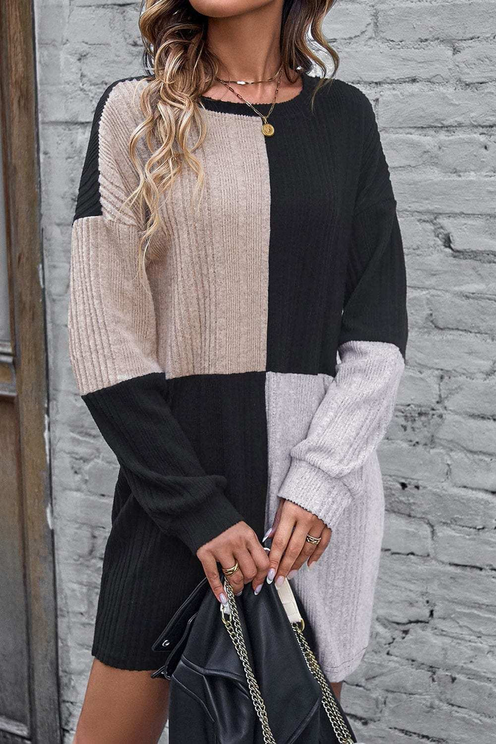 Color Block Drop Shoulder Long Sleeve Mini Dress - Trendsi - Flyclothing LLC
