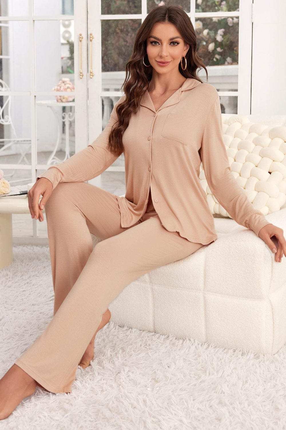 Button Up Long Sleeve Top and Pants Lounge Set - Trendsi - Flyclothing LLC
