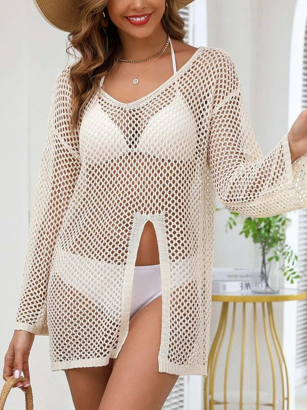 Openwork V-Neck Slit Cover-Up - Trendsi - Flyclothing LLC