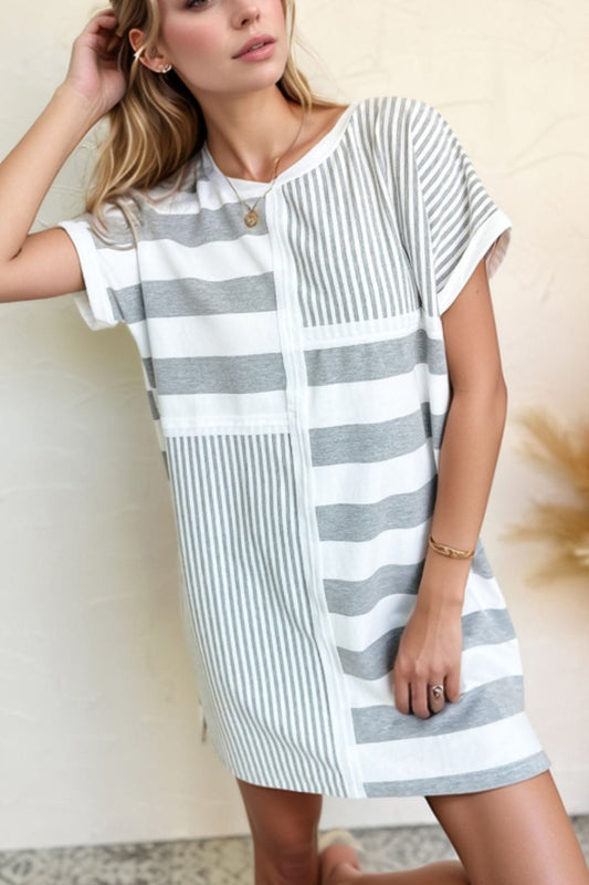 Stripe Mixed Short Sleeve Shift Mini Tee Dress - Trendsi - Flyclothing LLC