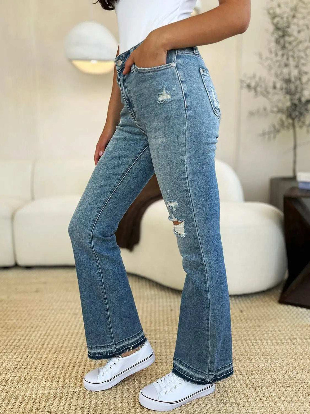 Judy Blue Full Size Mid Rise Destroyed Hem Distressed Jeans - Trendsi - Flyclothing LLC