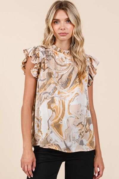 Mittoshop Abstract Print Ruffle Short Sleeve Satin Top - Trendsi - Flyclothing LLC