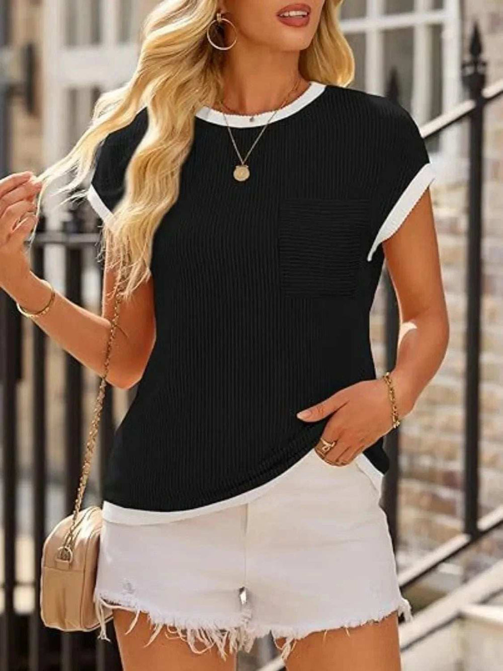 Contrast Trim Round Neck Cap Sleeve Top - Trendsi - Flyclothing LLC