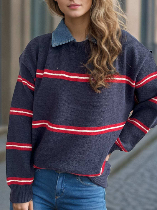 Contrast Stripes Round Neck Long Sleeve Sweater - Trendsi - Flyclothing LLC