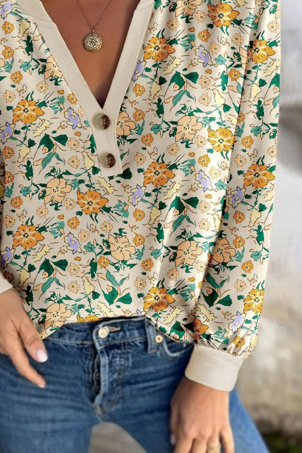 Floral Print Notched Long Sleeve Blouse - Trendsi - Flyclothing LLC