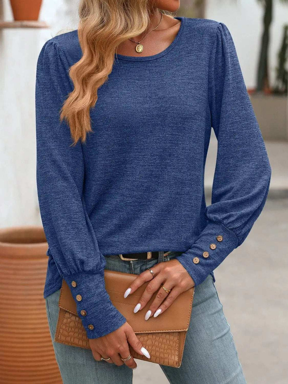 Decorative Button Round Neck Long Sleeve T-Shirt - Trendsi - Flyclothing LLC