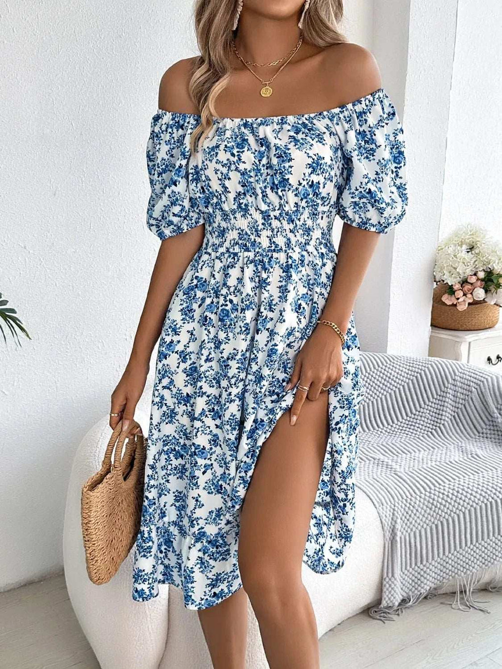 Ruffled Hem Floral Puff Sleeve Dress - Trendsi - Flyclothing LLC