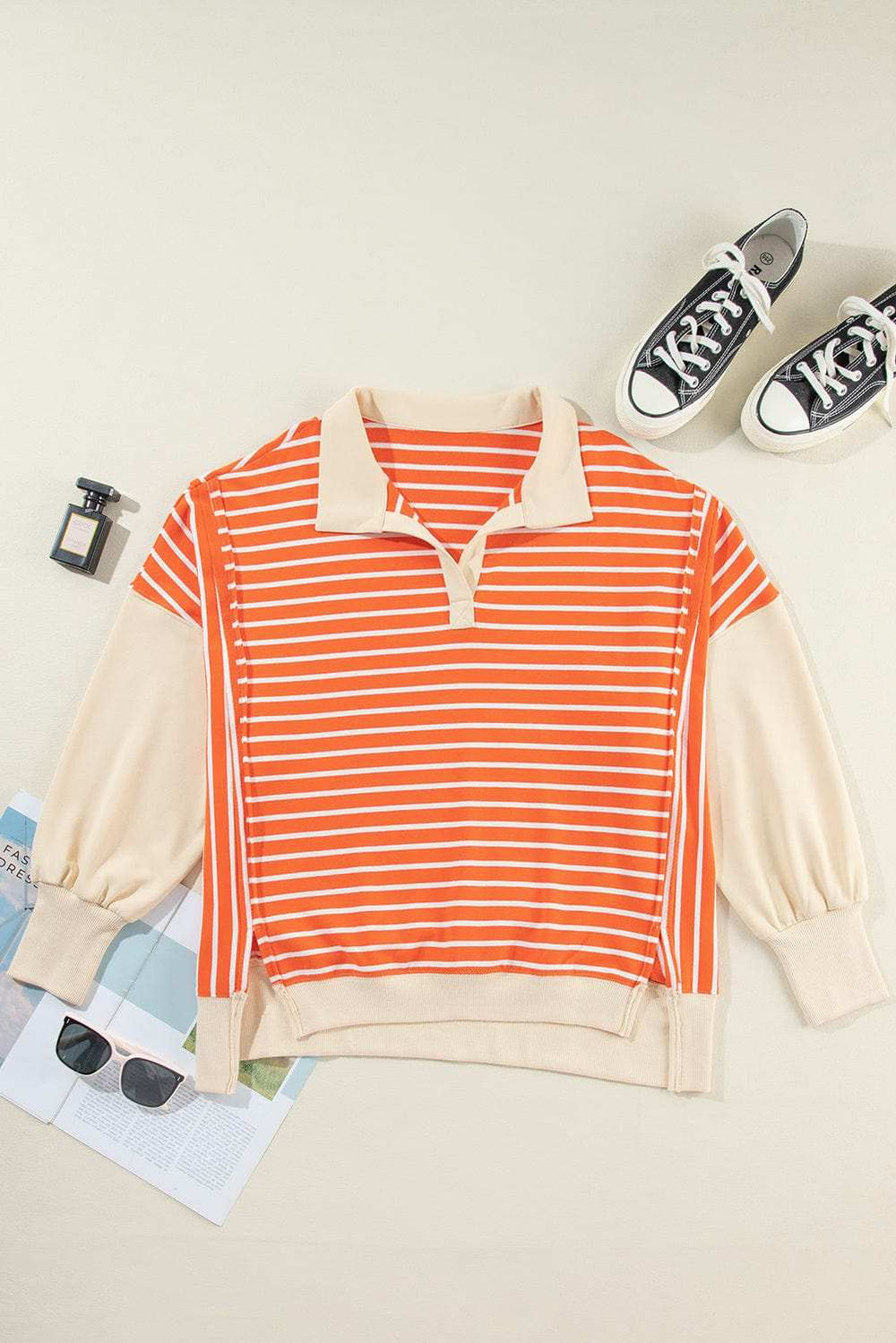 Striped Johnny Collar Long Sleeve Sweatshirt - Trendsi - Flyclothing LLC
