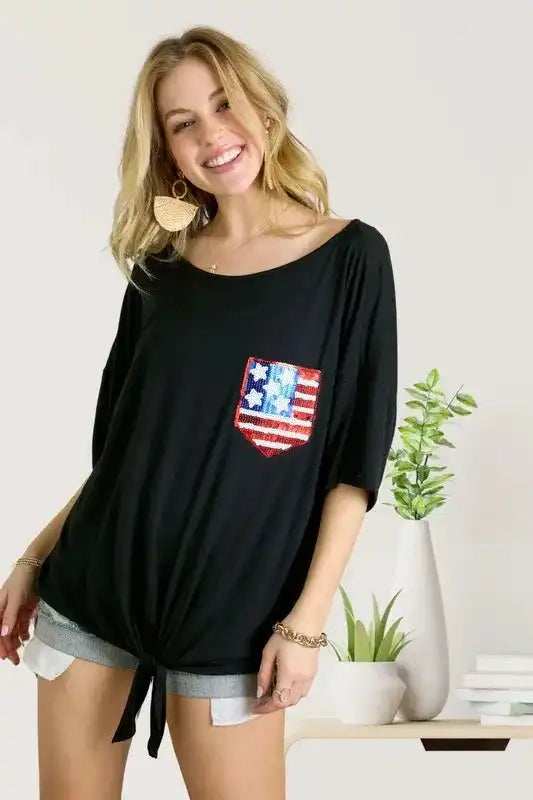ADORA Sequin US Flag Pocketed Top - Trendsi - Flyclothing LLC