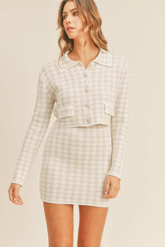 MABLE Houndstooth Cropped Knit Cardigan and Mini Skirt Set - Trendsi - Flyclothing LLC