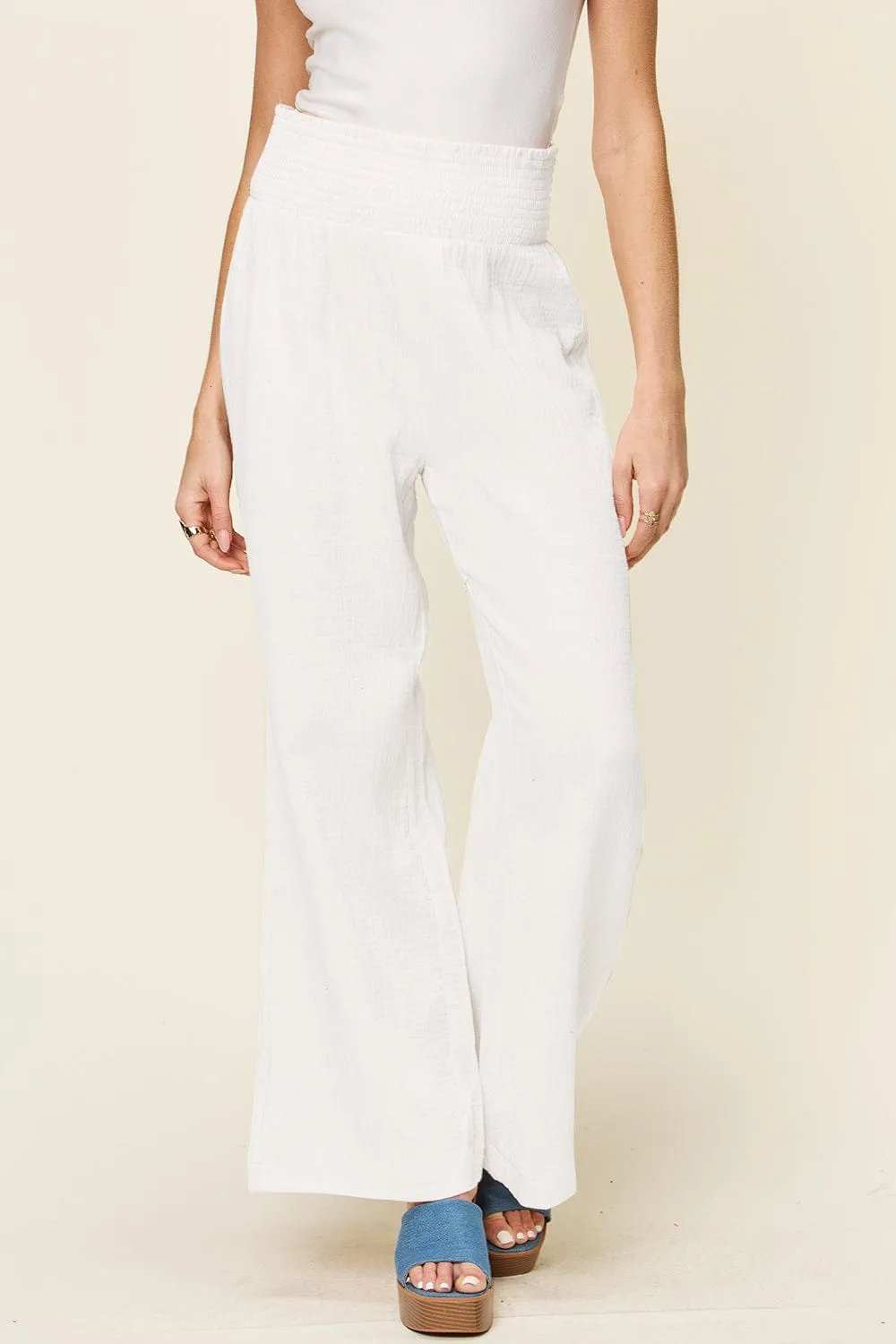 Double Take Full Size Texture Smocked Waist Wide Leg Pants - Trendsi - Flyclothing LLC