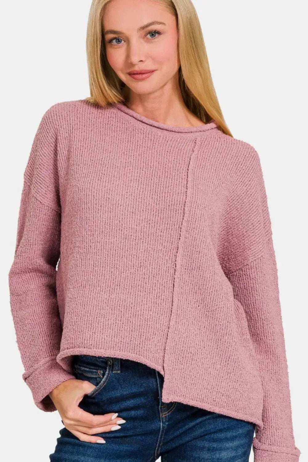 Zenana Asymmetric Hem Drop Shoulder Sweater - Trendsi - Flyclothing LLC