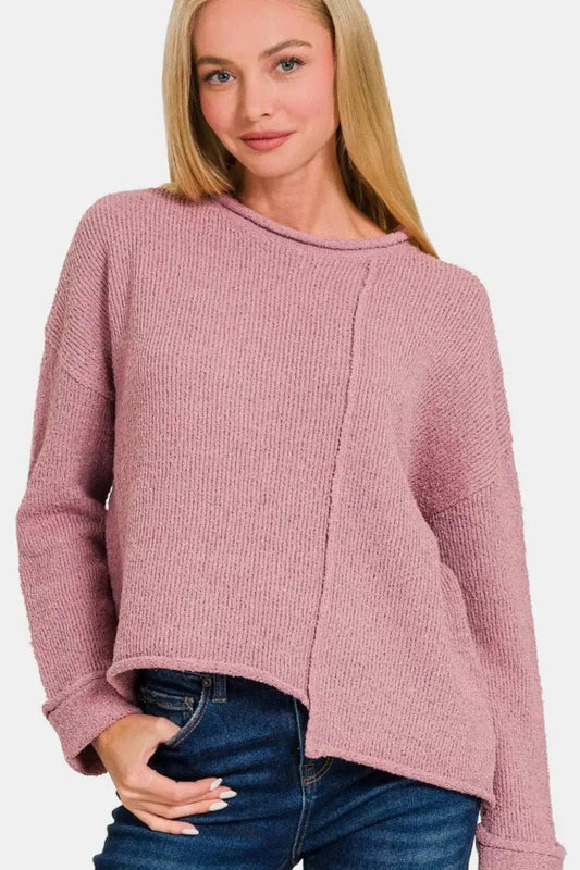 Zenana Asymmetric Hem Drop Shoulder Sweater - Trendsi - Flyclothing LLC