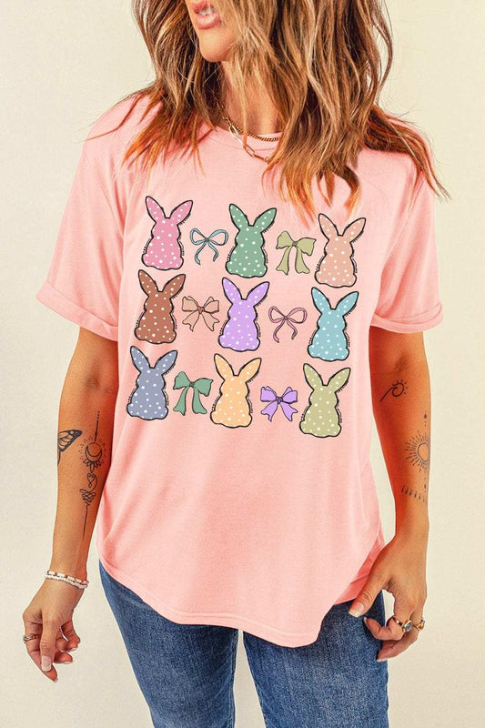 Dotty Bunny Bow Graphic Short Sleeve T-Shirt - Trendsi - Flyclothing LLC