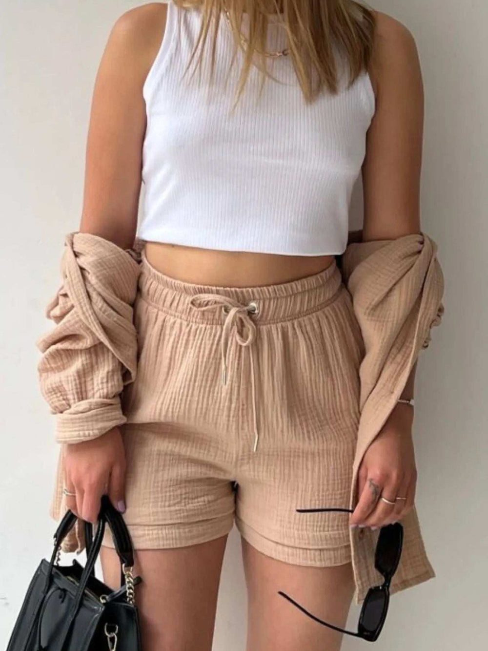 Textured Button Up Shirt and Shorts Set - Trendsi - Flyclothing LLC