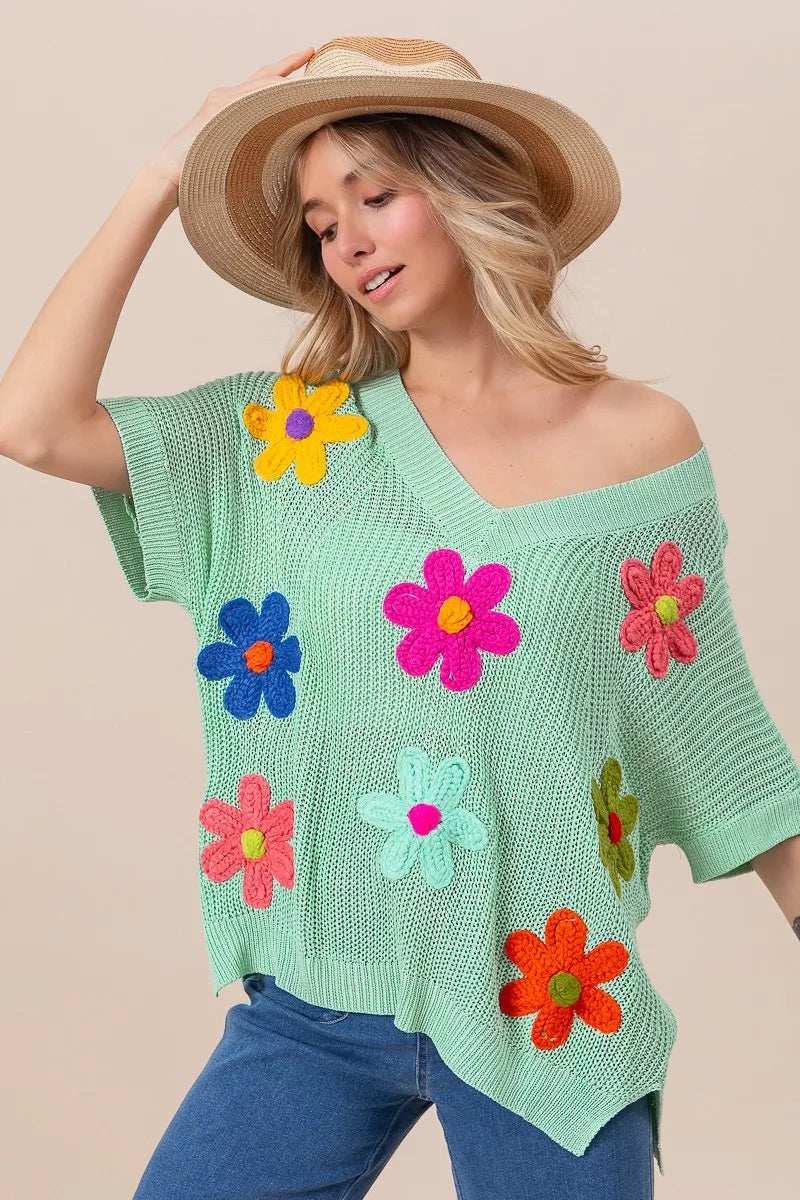 BiBi Flower Patches Dolman Sleeve Lightweight Sweater - Trendsi - Flyclothing LLC