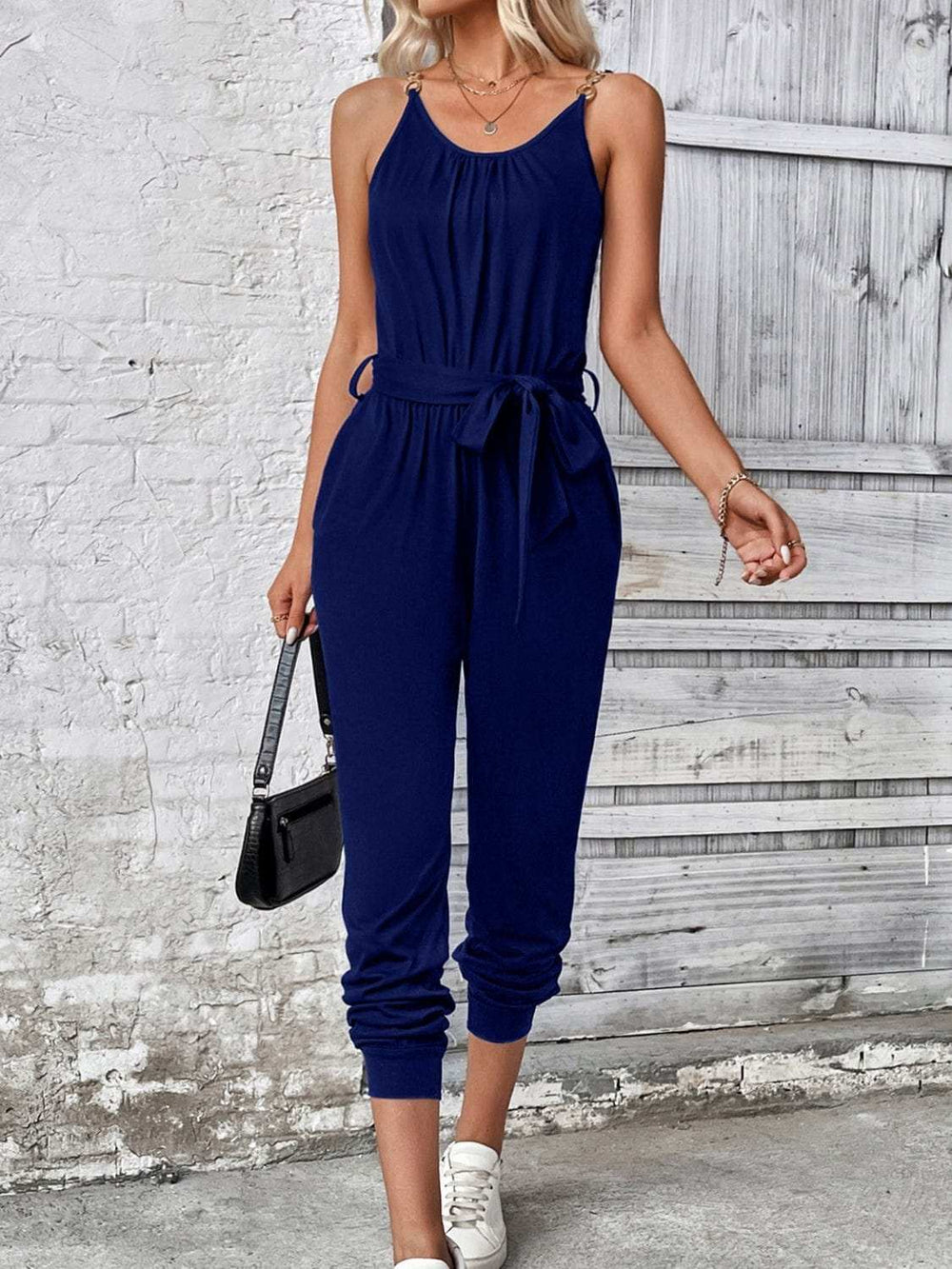 Scoop Neck Tie Waist Jumpsuit - Trendsi - Flyclothing LLC