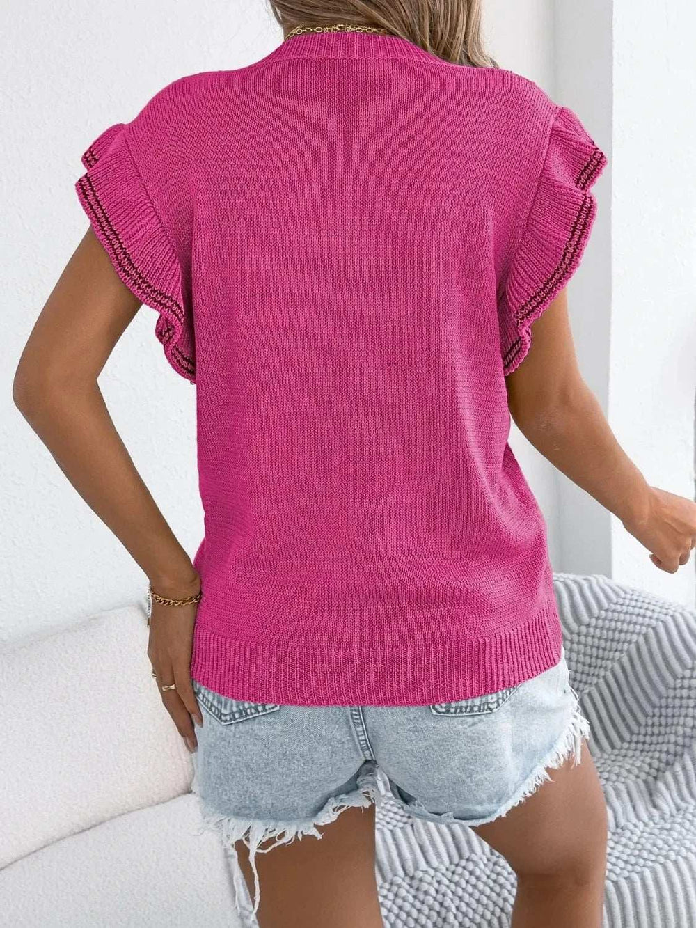 Openwork Round Neck Cap Sleeve Knit Top - Trendsi - Flyclothing LLC