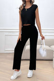 Ribbed Round Neck Top and Pants Set - Trendsi - Flyclothing LLC