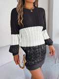 Cable-Knit Round Neck Color Block Sweater Dress - Trendsi - Flyclothing LLC