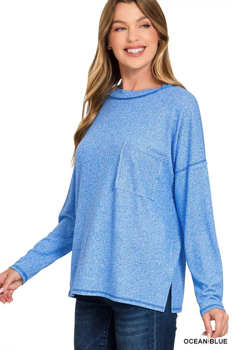 Zenana Soft Melange Hacci Round-Neck Long Sleeve T-Shirt - Trendsi - Flyclothing LLC