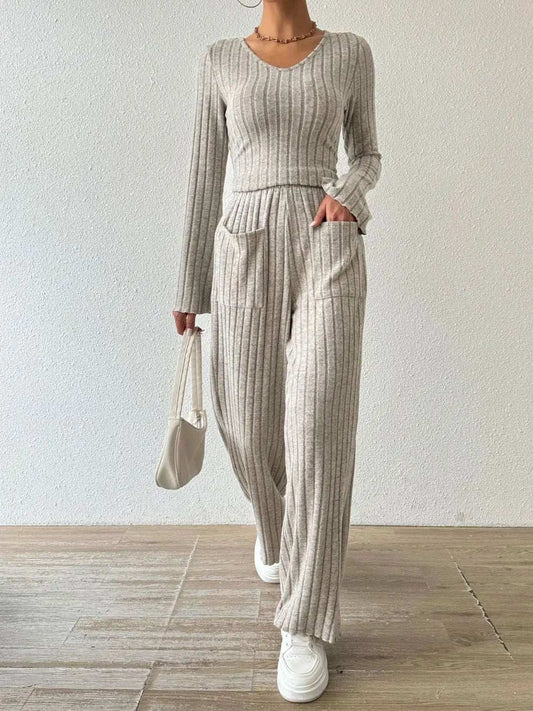 Ribbed V-Neck Long Sleeve Top and Pocketed Pants Set - Trendsi - Flyclothing LLC