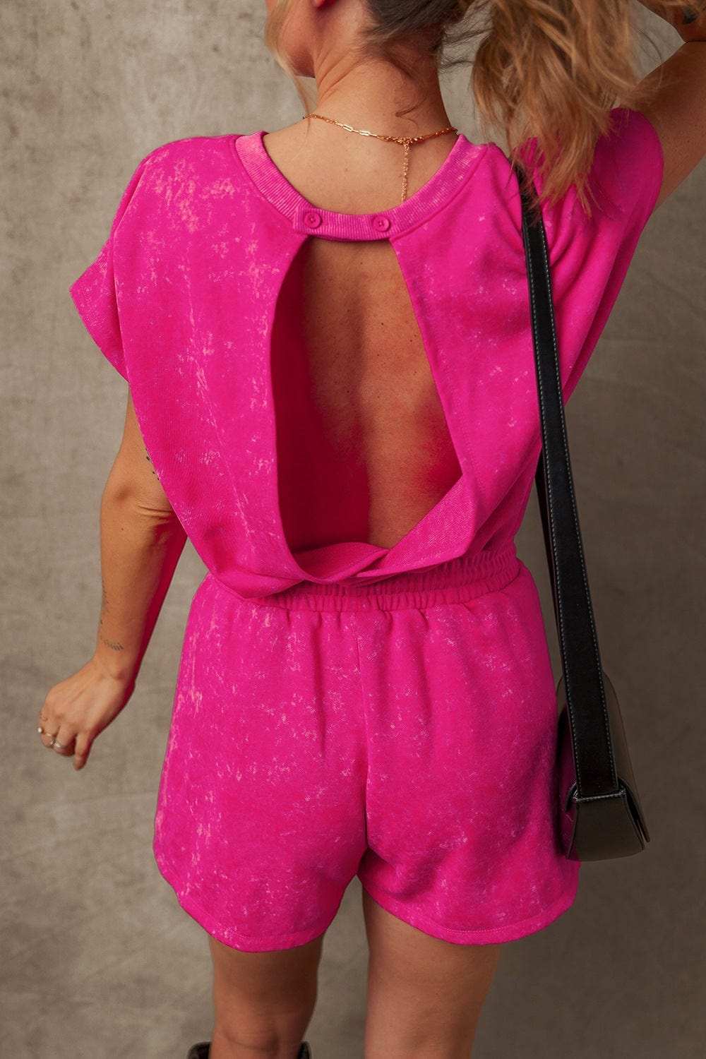 Mineral Wash Hollow Out Back Drawstring Waist Romper - Trendsi - Flyclothing LLC