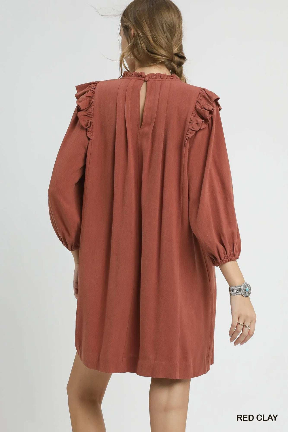 Umgee Linen Ruffle Shoulder Pleated Babydoll Dress - Trendsi - Flyclothing LLC