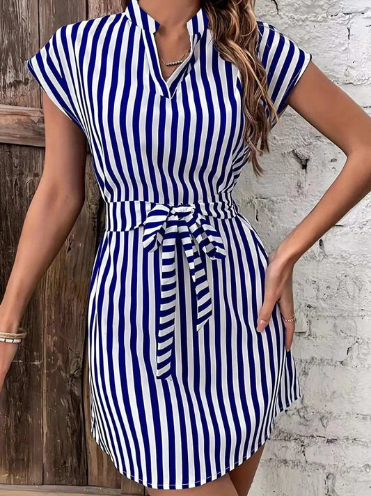 Tied Striped Cap Sleeve Mini Dress - Trendsi - Flyclothing LLC