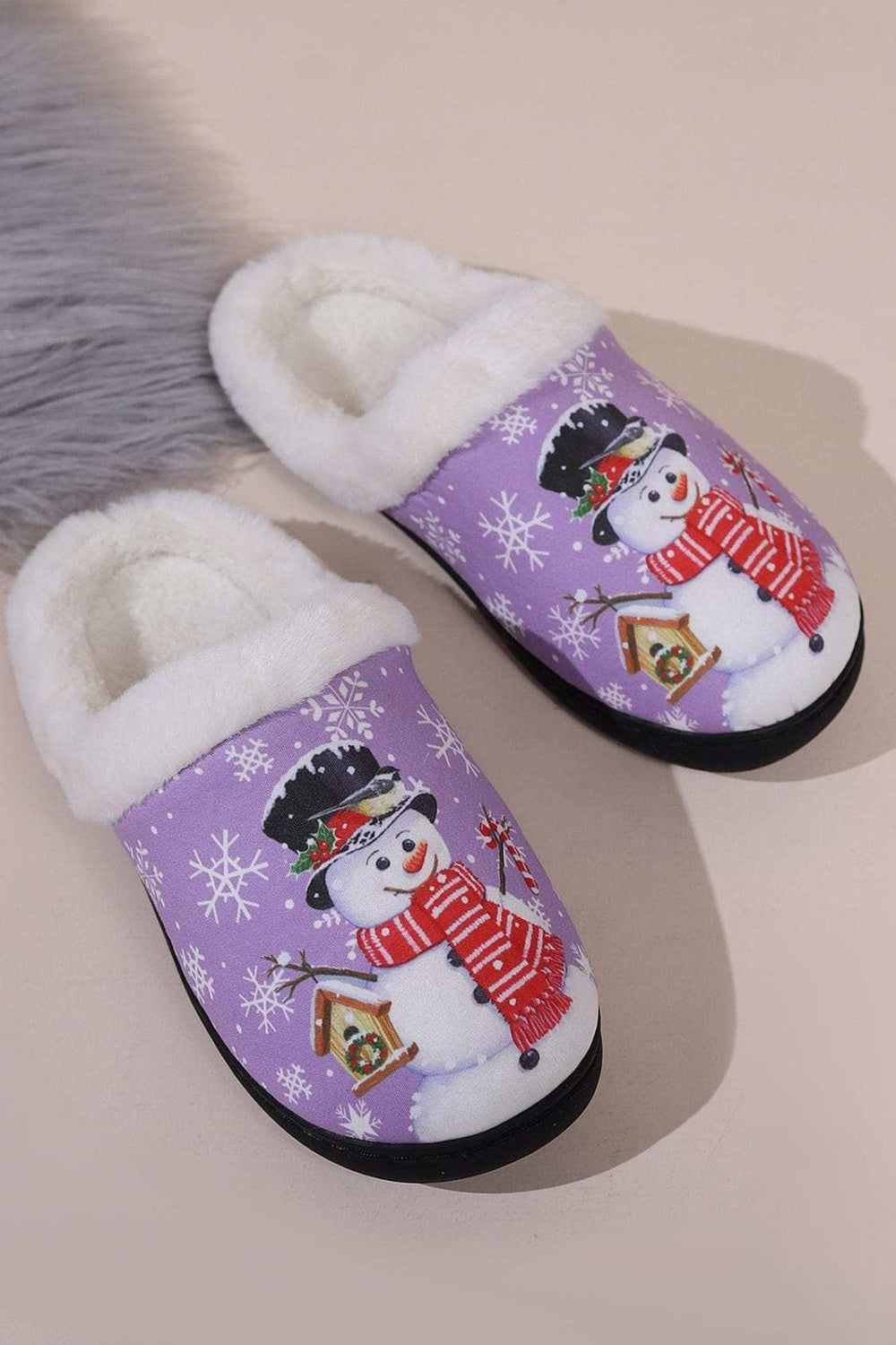 Snowman Round Toe Faux Fur Slippers - Trendsi - Flyclothing LLC