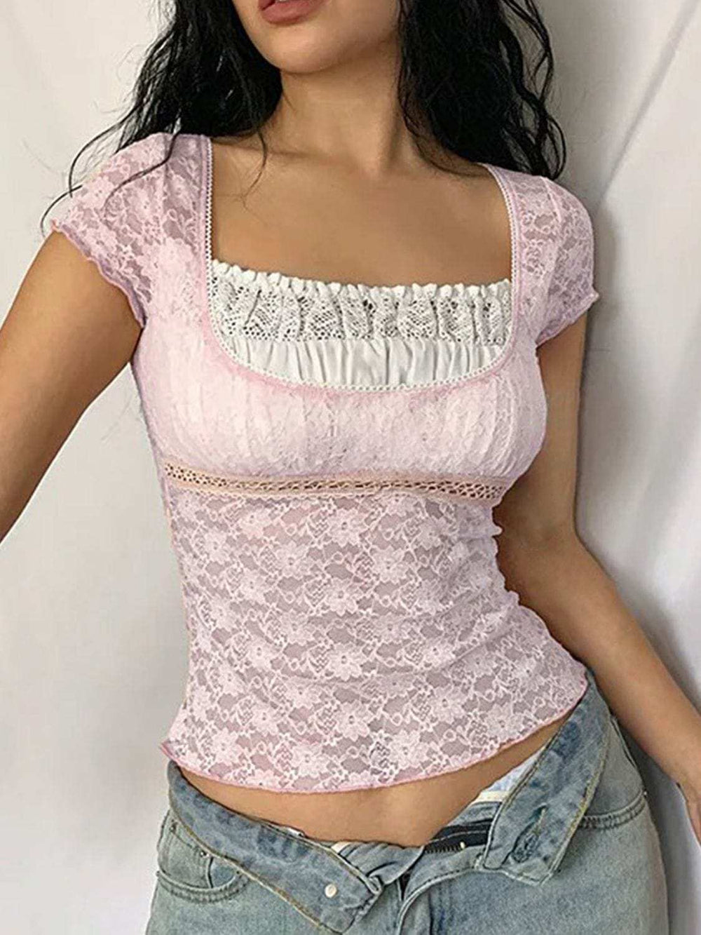 Devine Lace Square Neck Short Sleeve Top - Trendsi - Flyclothing LLC