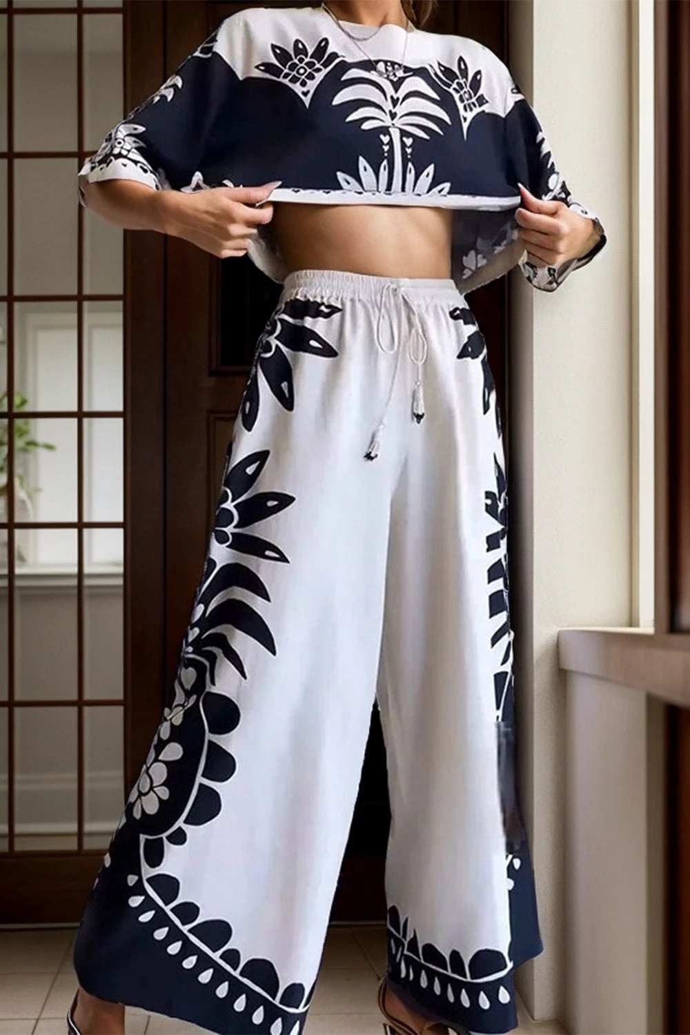 Printed Half Sleeve Top and Wide Leg Pants Set - Trendsi - Flyclothing LLC