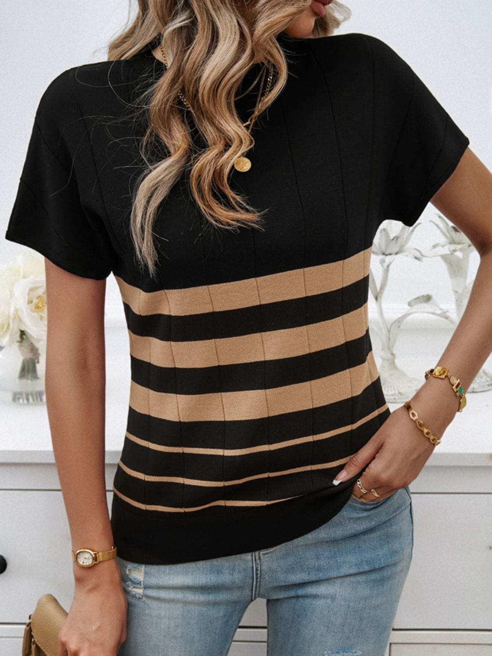 Striped Round Neck Short Sleeve Knit Top - Trendsi - Flyclothing LLC