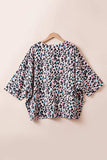 Plus Size Leopard V-Neck Three-Quarter Sleeve Blouse - Trendsi - Flyclothing LLC